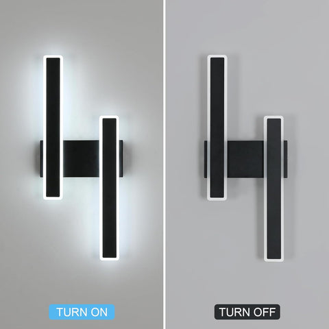 Modern wall sconce with 'Turn On' and 'Turn Off' labels on a gray background