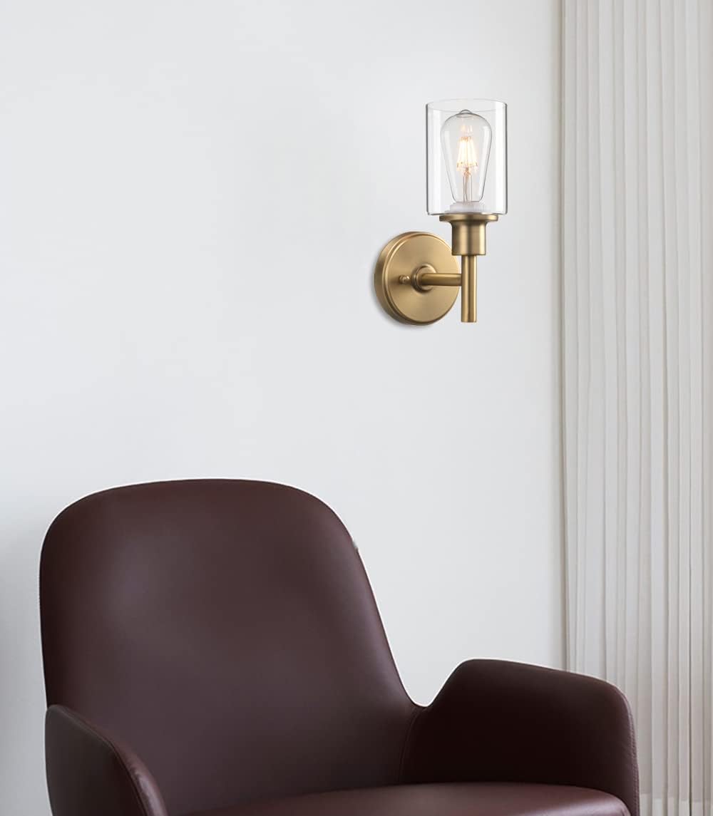 Modern wall sconce with a brown chair against a white wall