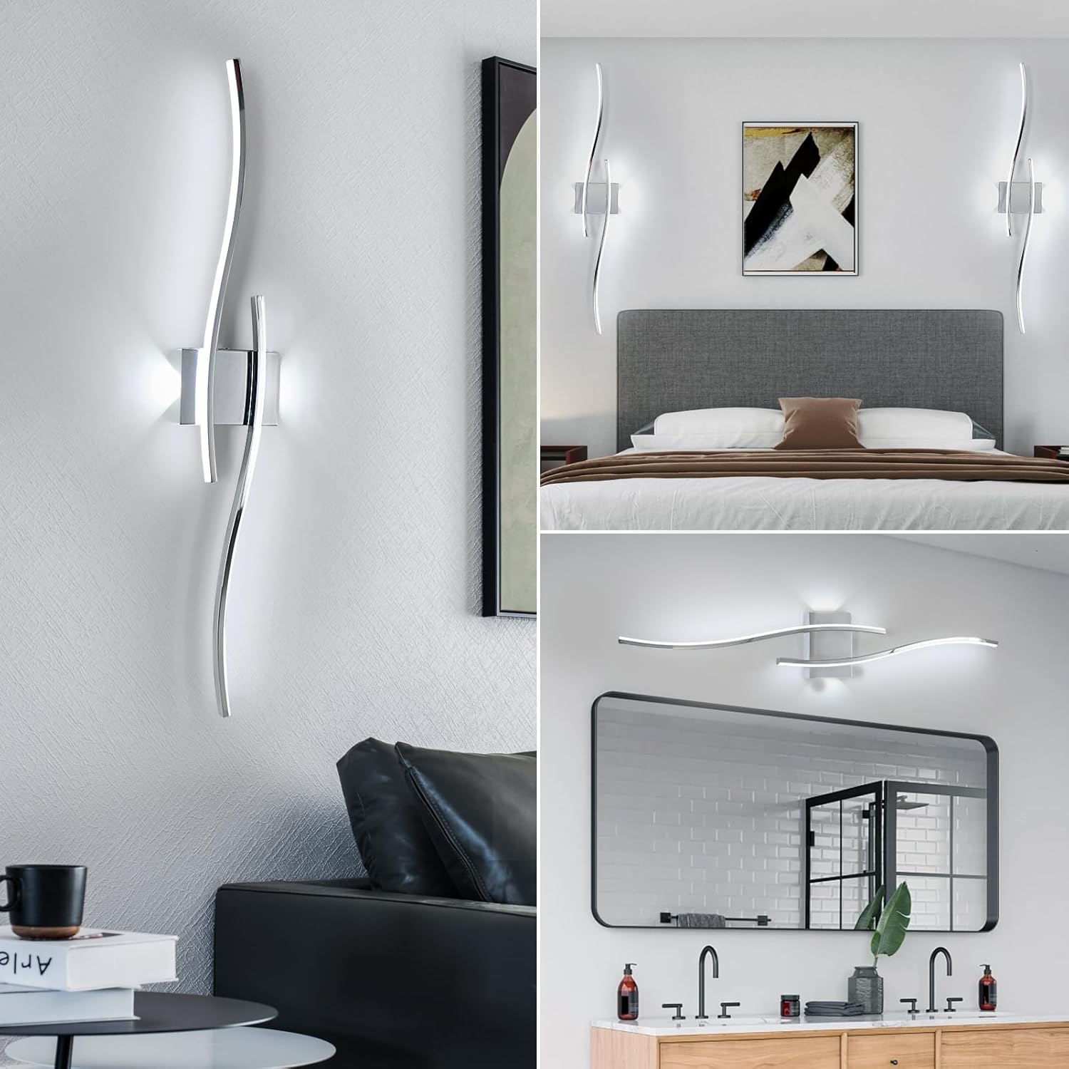 Modern wall sconces in various settings including a bedroom, living room, and bathroom.