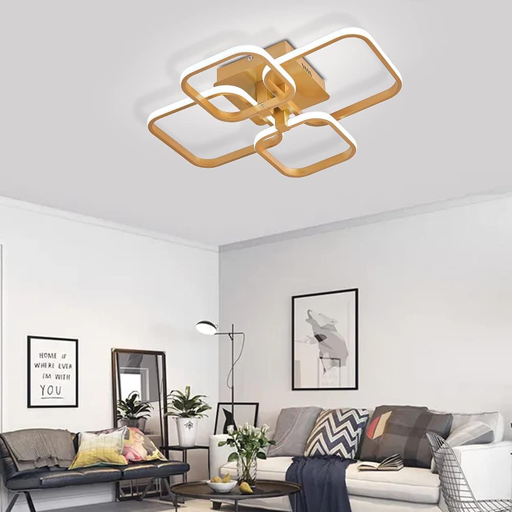 Modern living room with a gold ceiling light fixture.