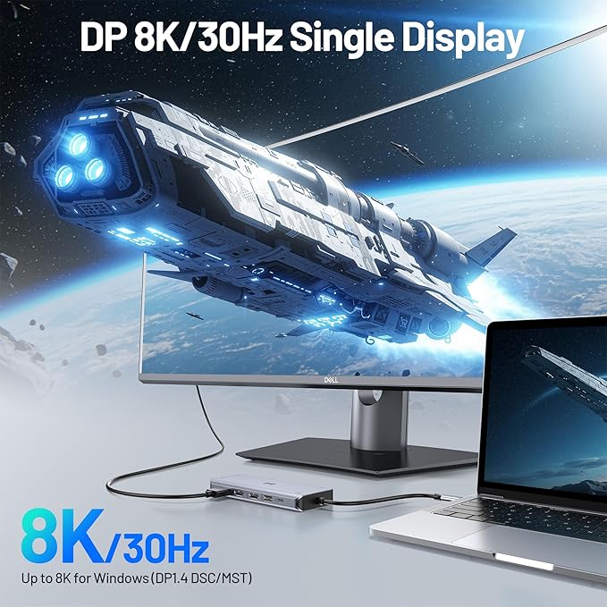 Monitor and laptop displaying a space-themed wallpaper with 'DP 8K/30Hz Single Display' text.