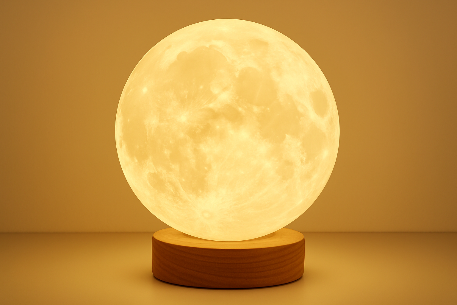 Moon-shaped lamp with wooden base on a beige background