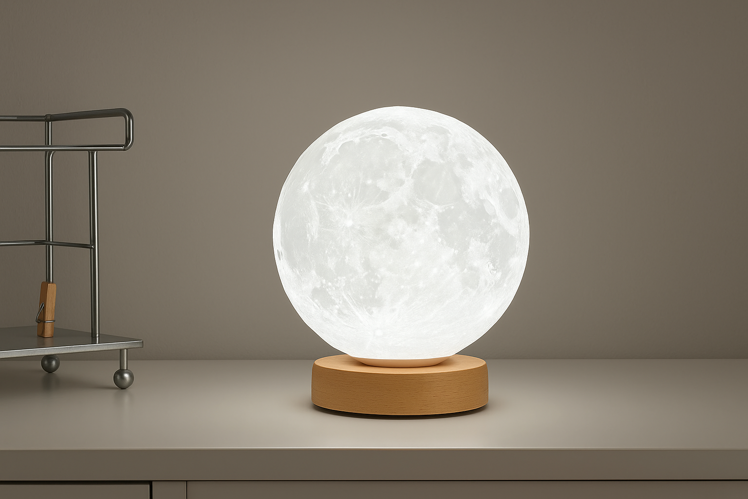 Moon-shaped lamp with wooden base on a neutral background