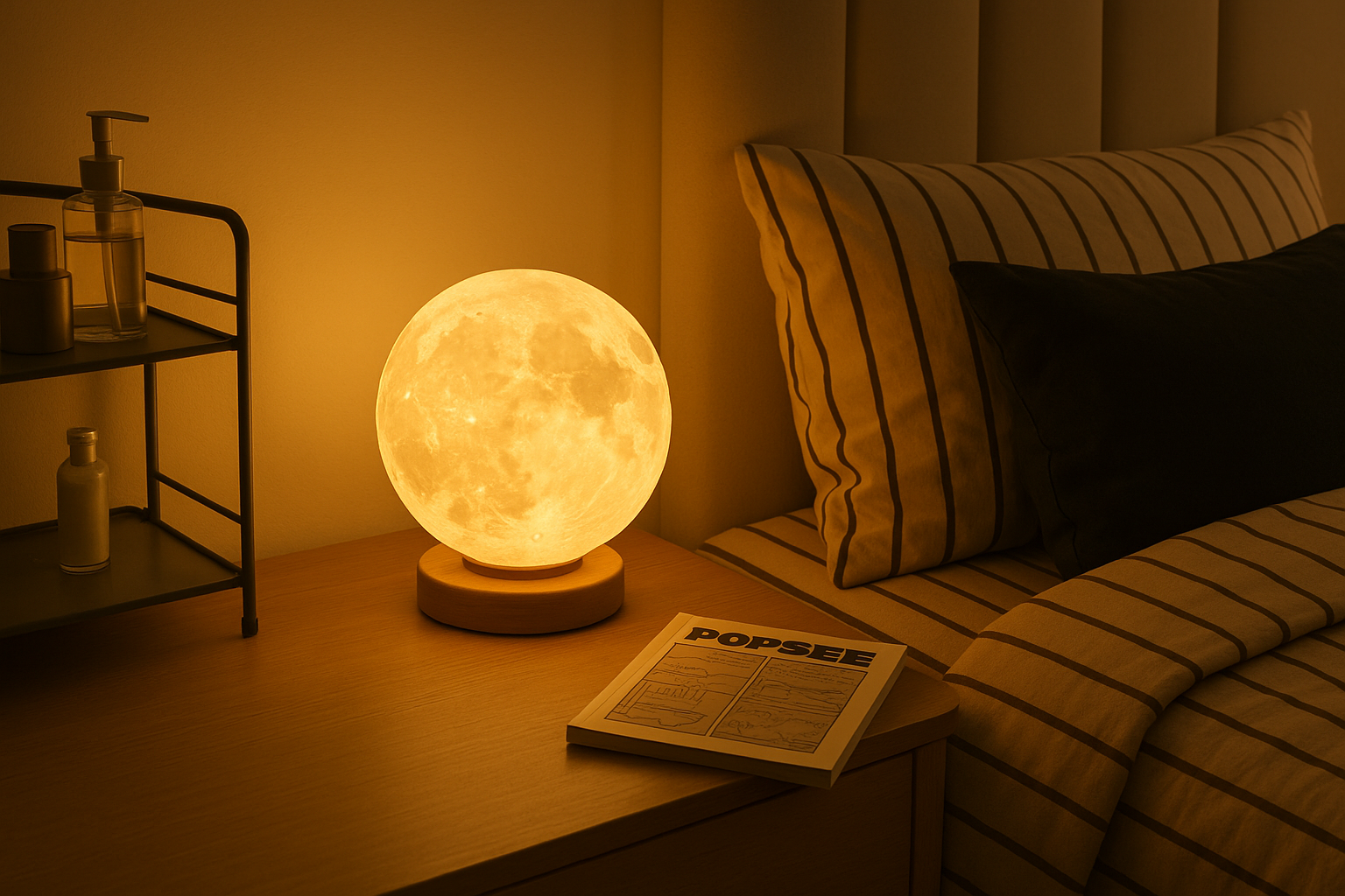 Moon lamp on a bedside table next to a bed with pillows