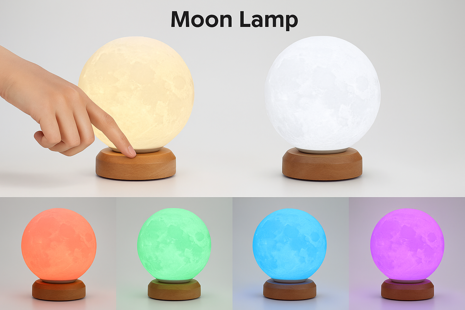 Moon lamp with a hand touching it, showing different color options on a white background.