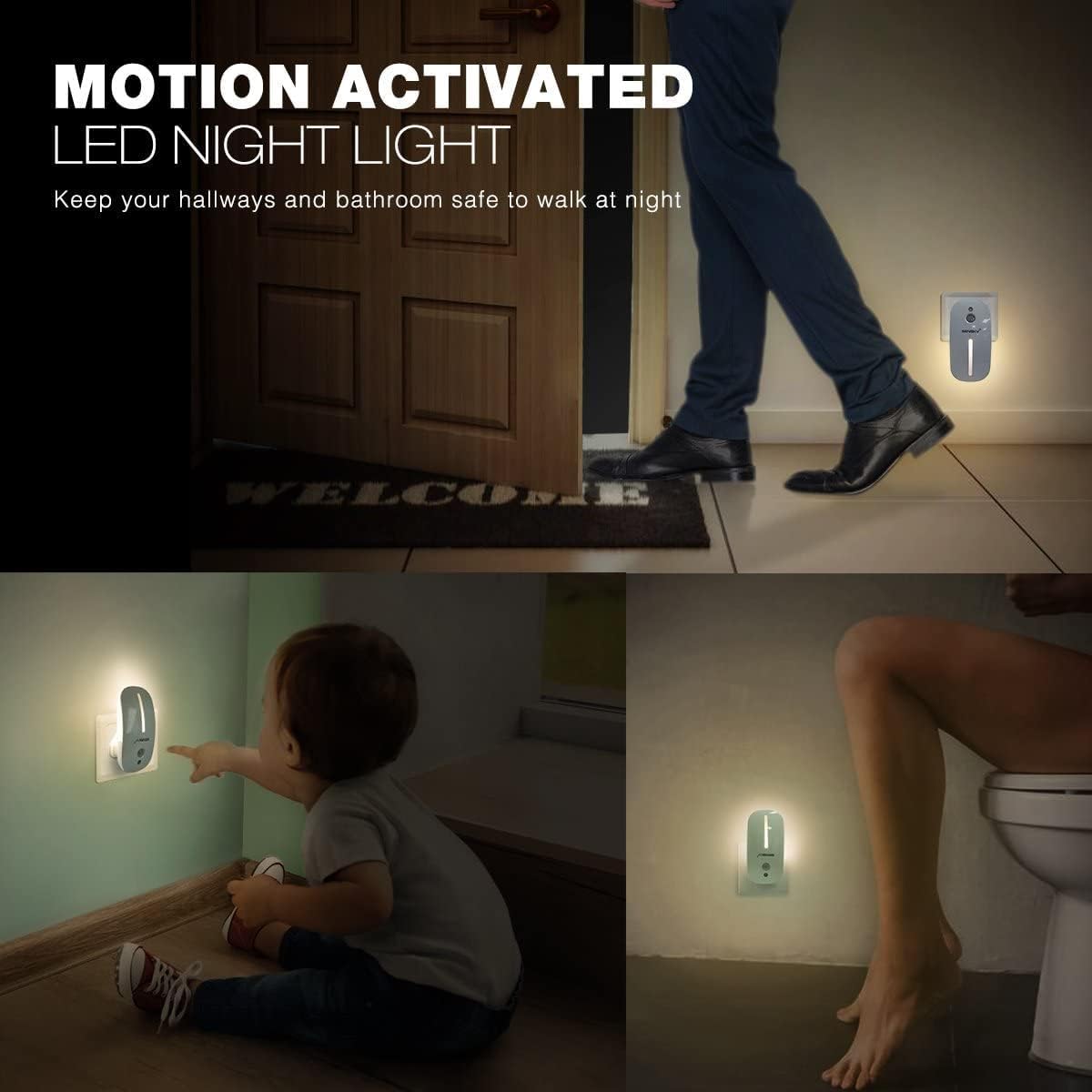 Motion activated LED night light with usage scenarios in a home setting.