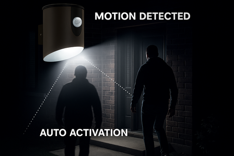 Motion detection light activated by two people entering a building.