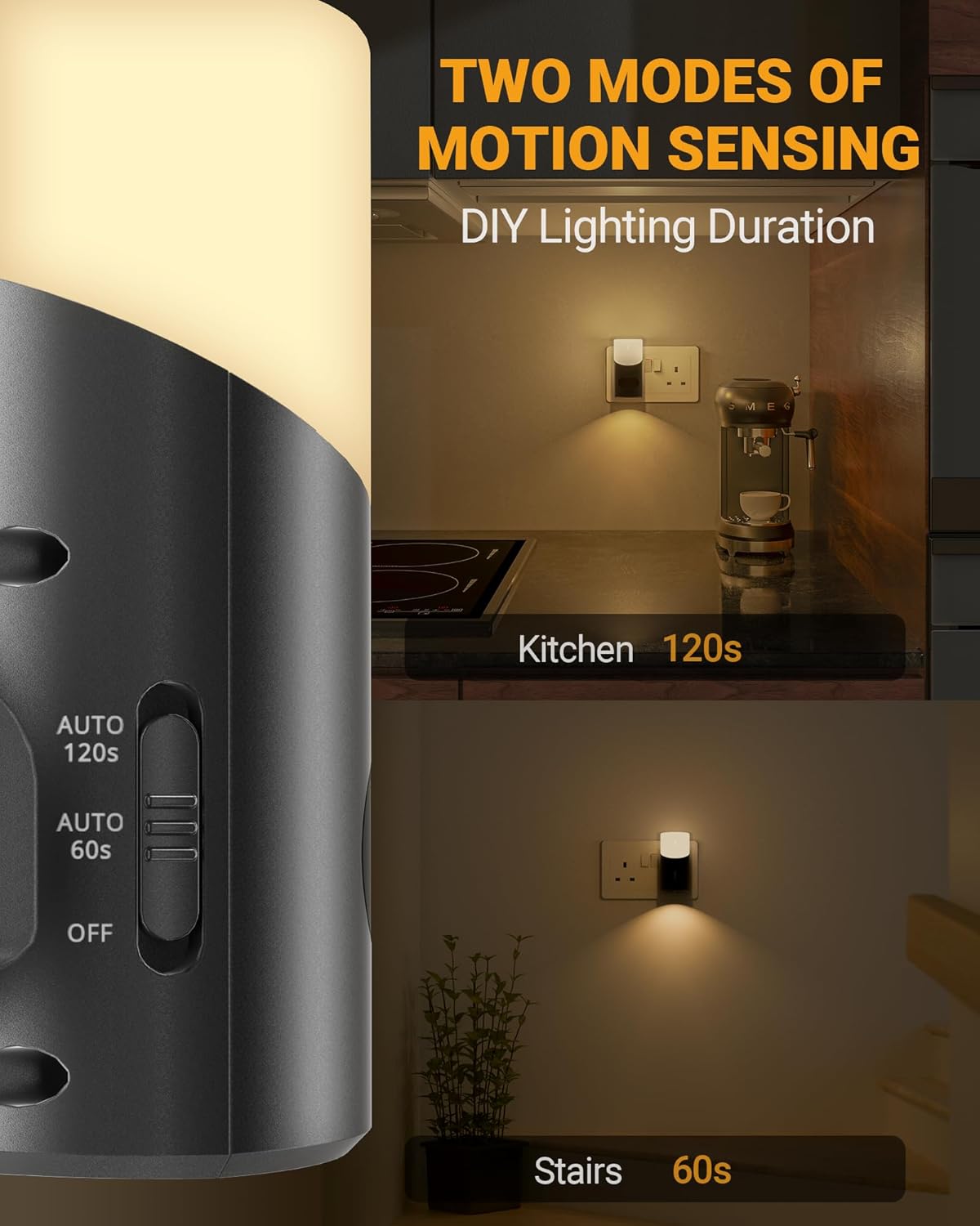 Motion sensing light control device with adjustable settings in a kitchen setting.