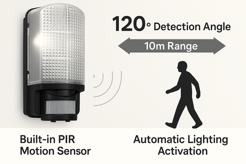 Motion sensor light with detection angle and range information on a white background