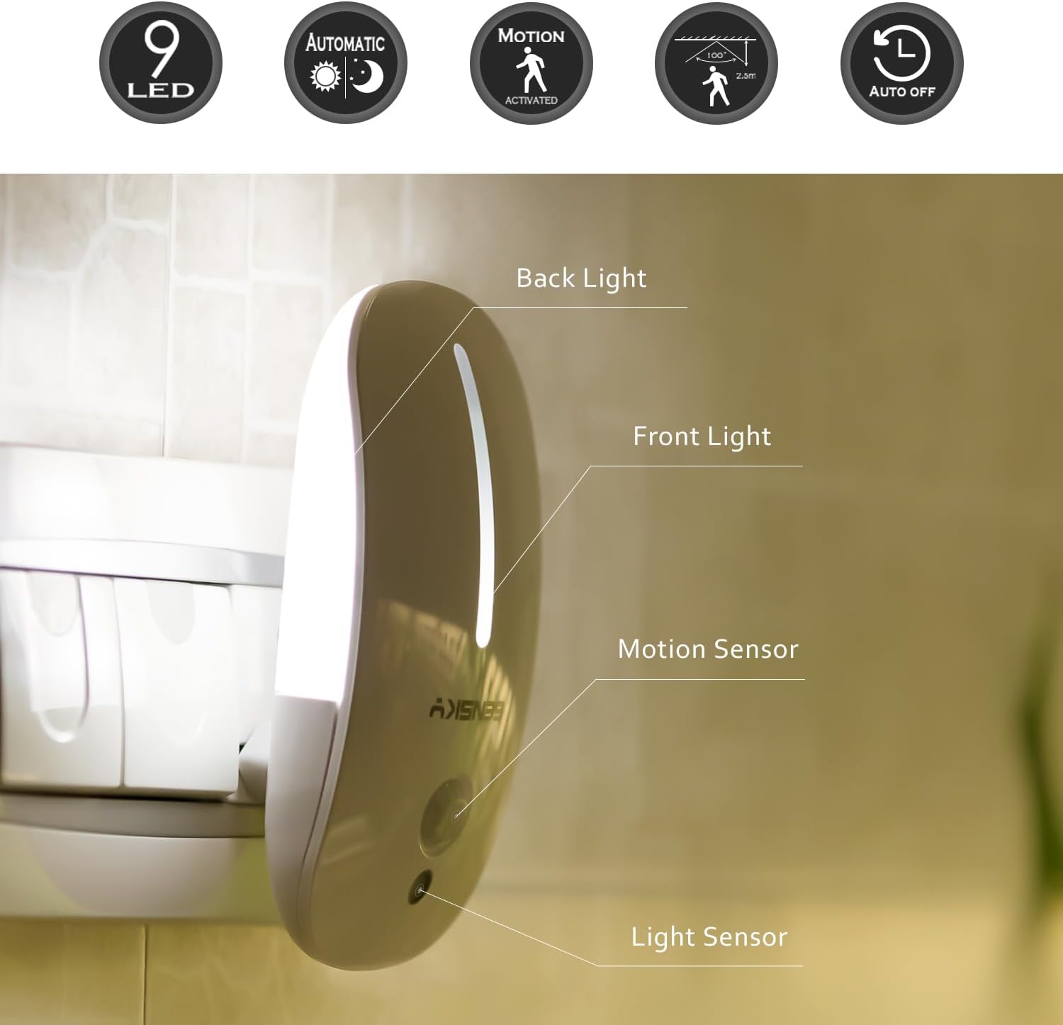 Motion sensor light with labeled parts on a white background
