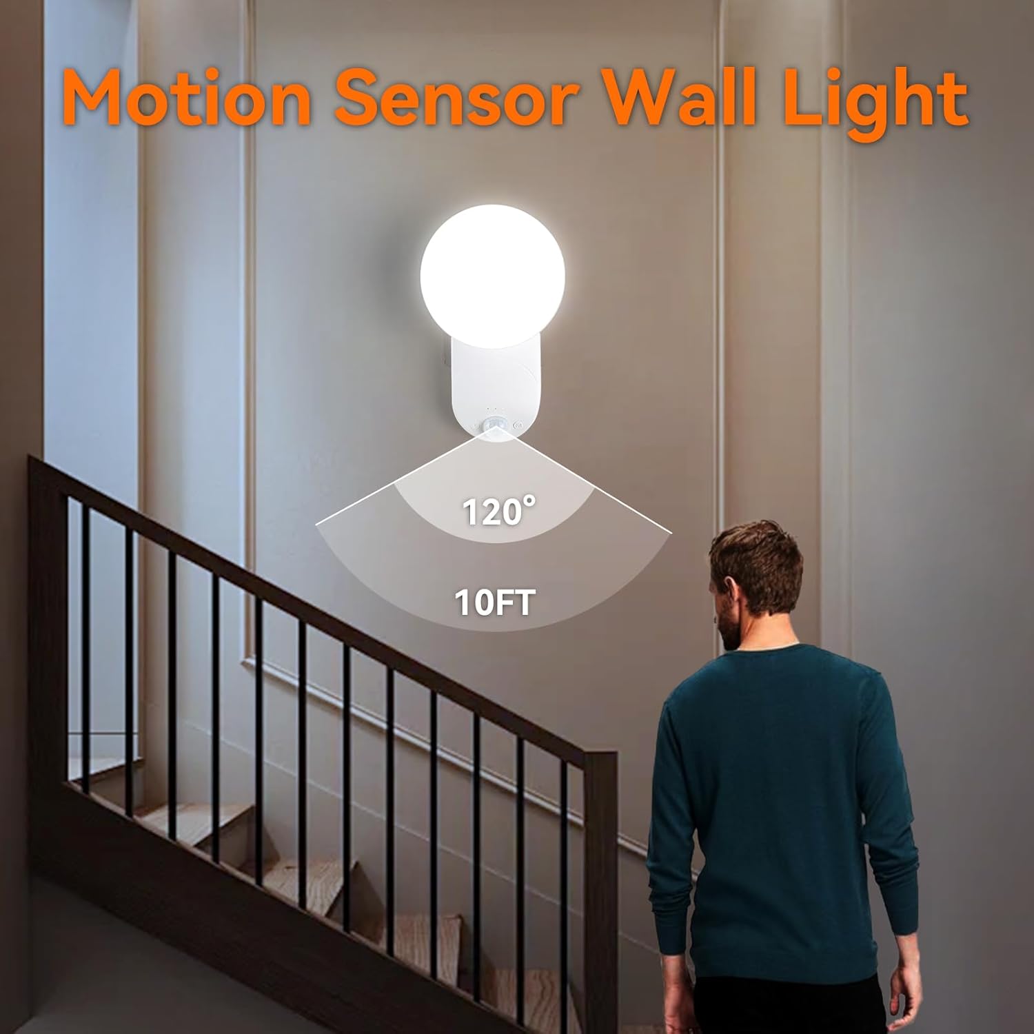 Motion sensor wall light with a man walking towards it in a home setting
