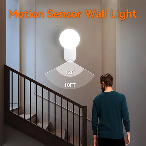 Motion sensor wall light with a man walking towards it in a home setting