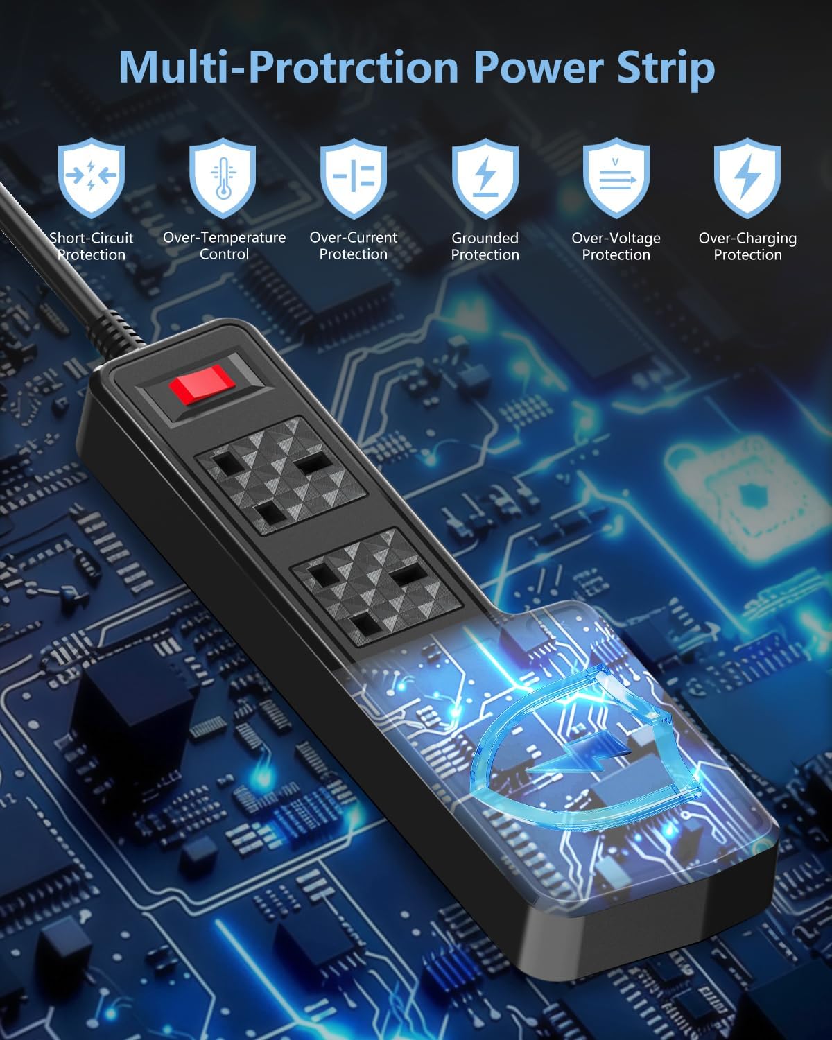 Multi-protection power strip with circuit board design on a dark background