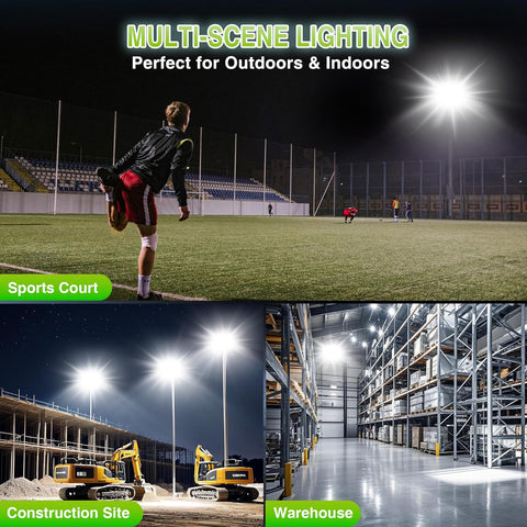 Multi-scene lighting solution for outdoor and indoor use, shown on sports court, construction site, and warehouse.