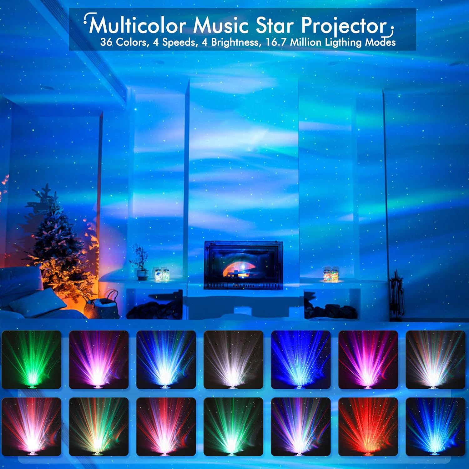 Multicolor music star projector with colorful light effects on a wall, surrounded by Christmas decorations.