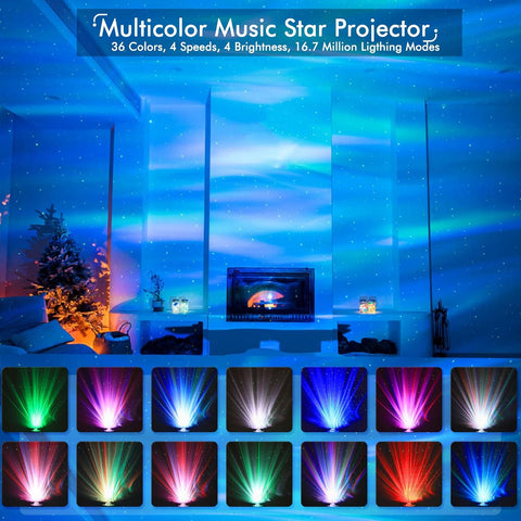 Multicolor music star projector with colorful light effects on a wall, surrounded by Christmas decorations.