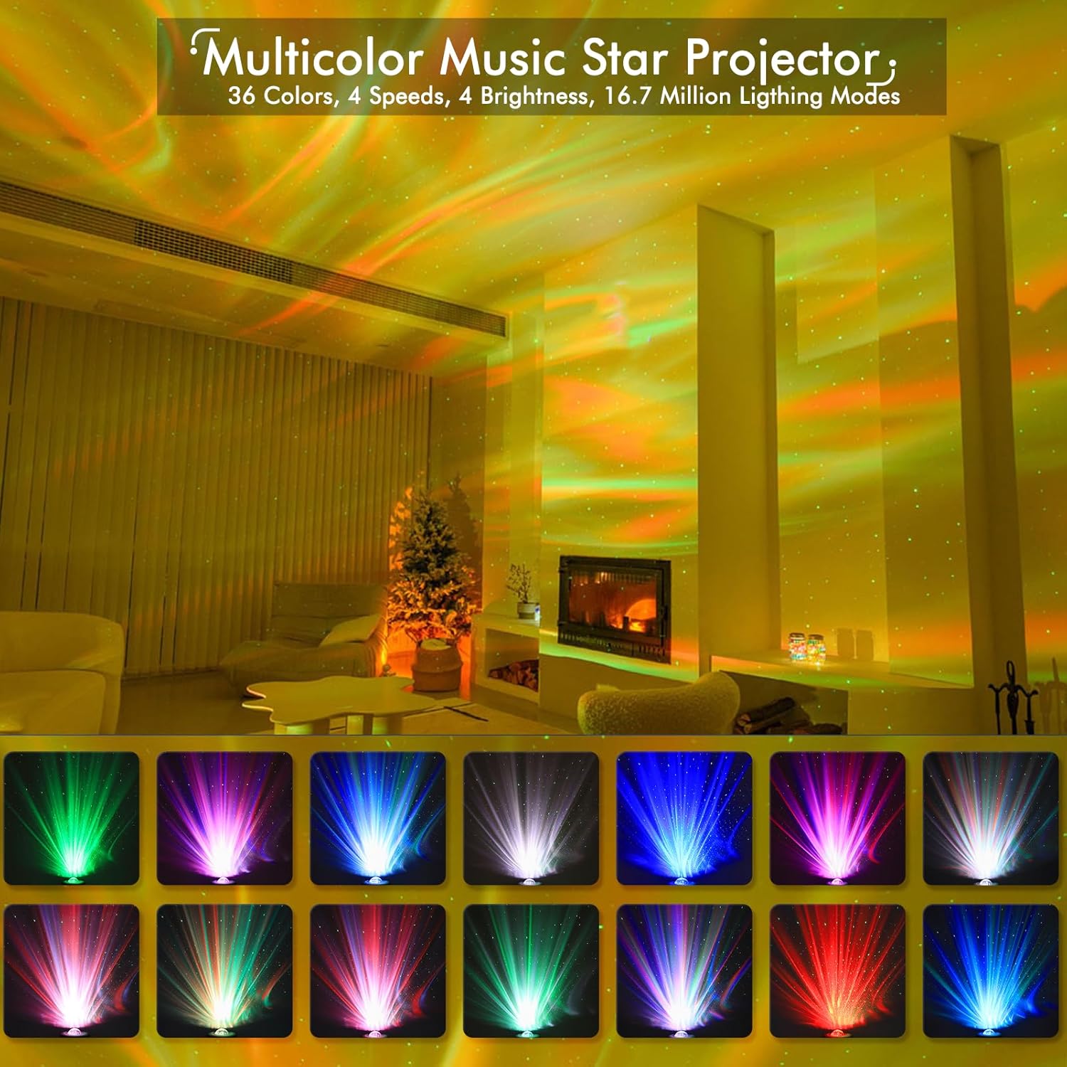 Multicolor music star projector with colorful light patterns on a wall in a room.