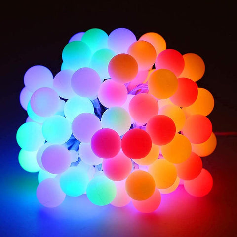 Multicolored LED string lights on a dark background