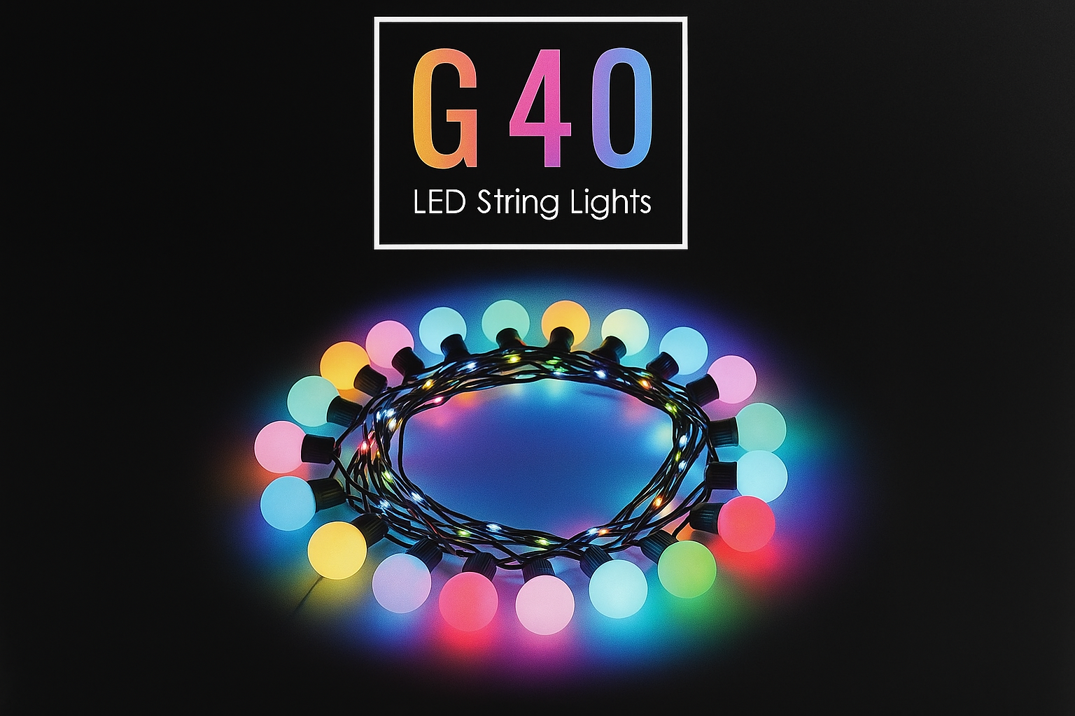 Multicolored LED string lights with 'G40' logo on a black background