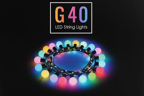 Multicolored LED string lights with 'G40' logo on a black background