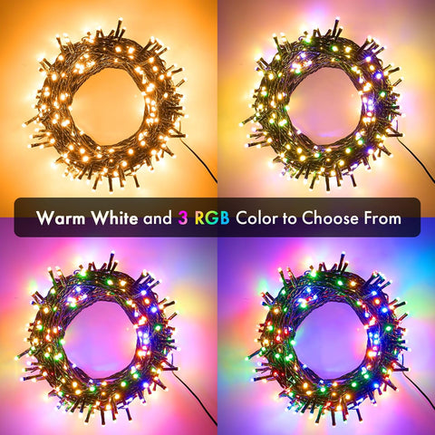 Multicolored string lights with remote control and lighting mode options on a neutral background