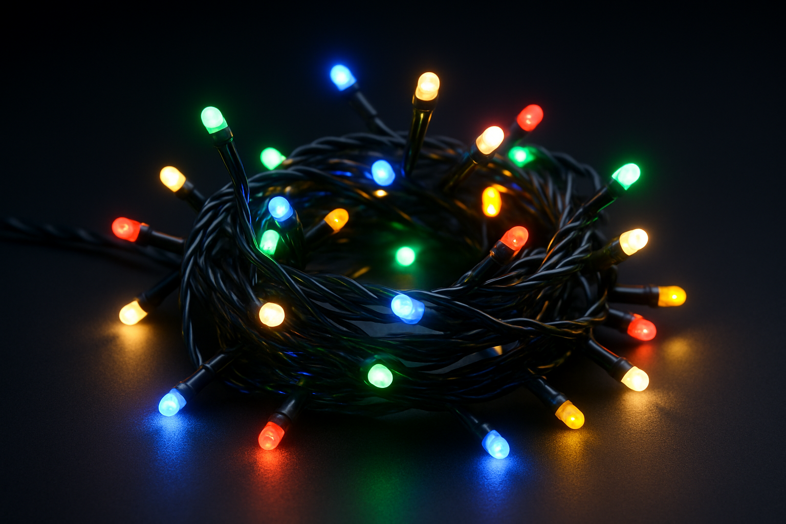 Multicolored string lights on a dark background