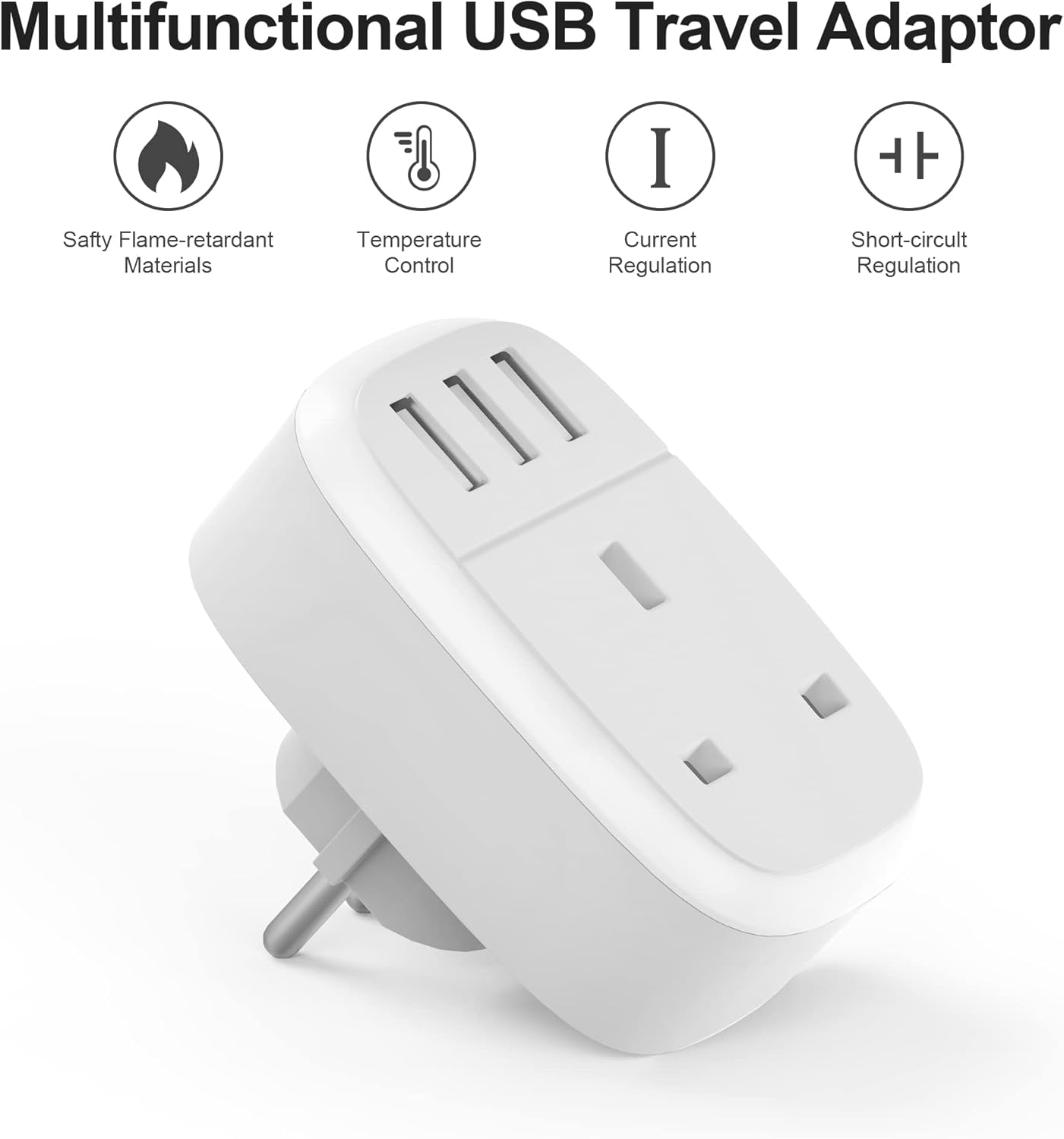 Multifunctional USB travel adapter with safety features on a white background