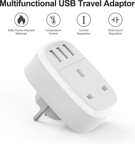 Multifunctional USB travel adapter with safety features on a white background