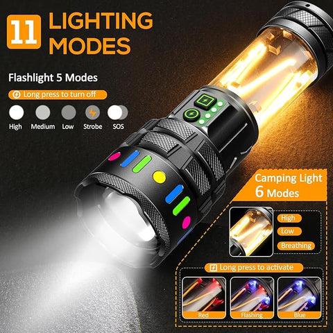 Multifunctional flashlight with various lighting modes on a dark background