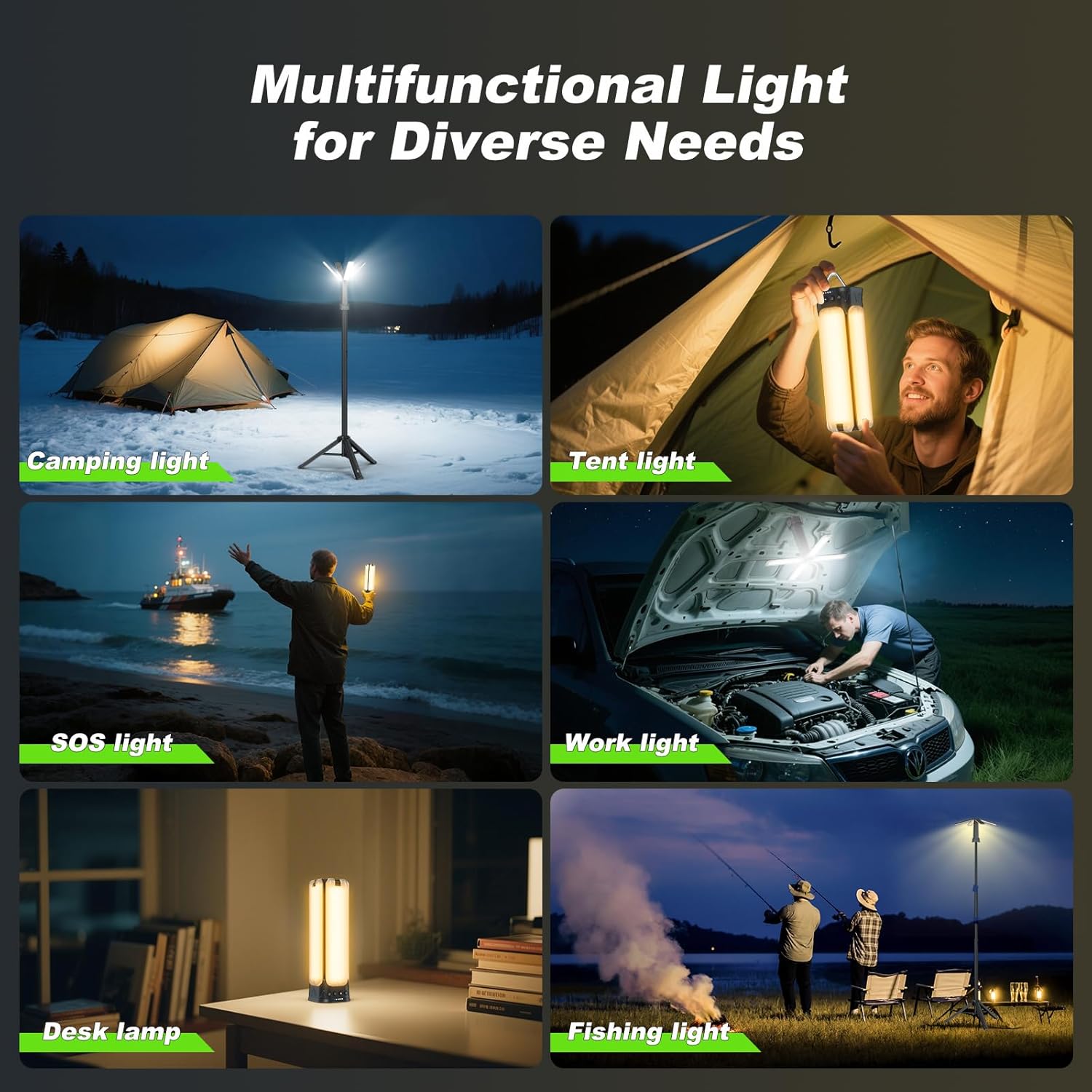 Multifunctional light used in various settings including camping, tent, SOS, work, desk, and fishing.