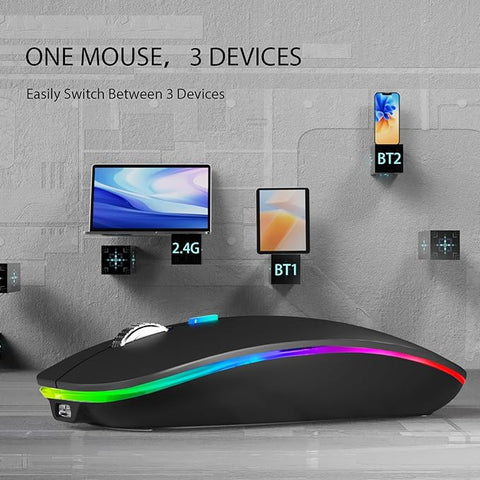 Multifunctional mouse with RGB lighting on a gray background with electronic devices.