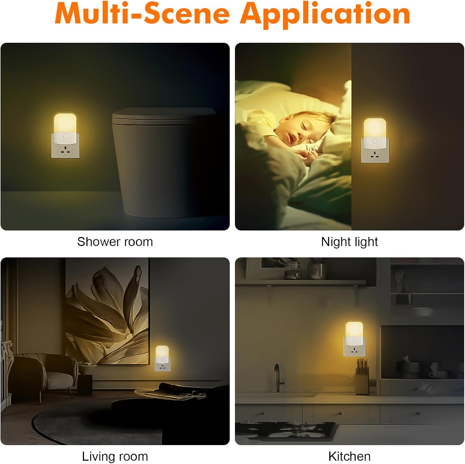 Multifunctional night light used in various settings including a shower room, living room, and kitchen.