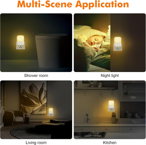 Multifunctional night light used in various settings including a shower room, living room, and kitchen.