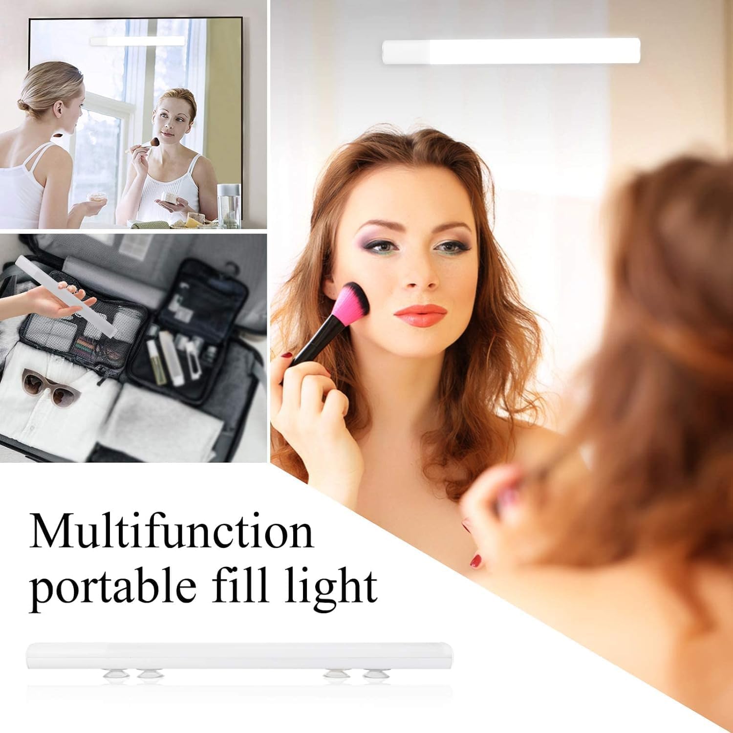 Multifunctional portable fill light being used by a woman applying makeup in front of a mirror.