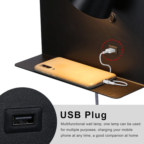 Multifunctional wall lamp with USB plug charging a phone on a dark surface.