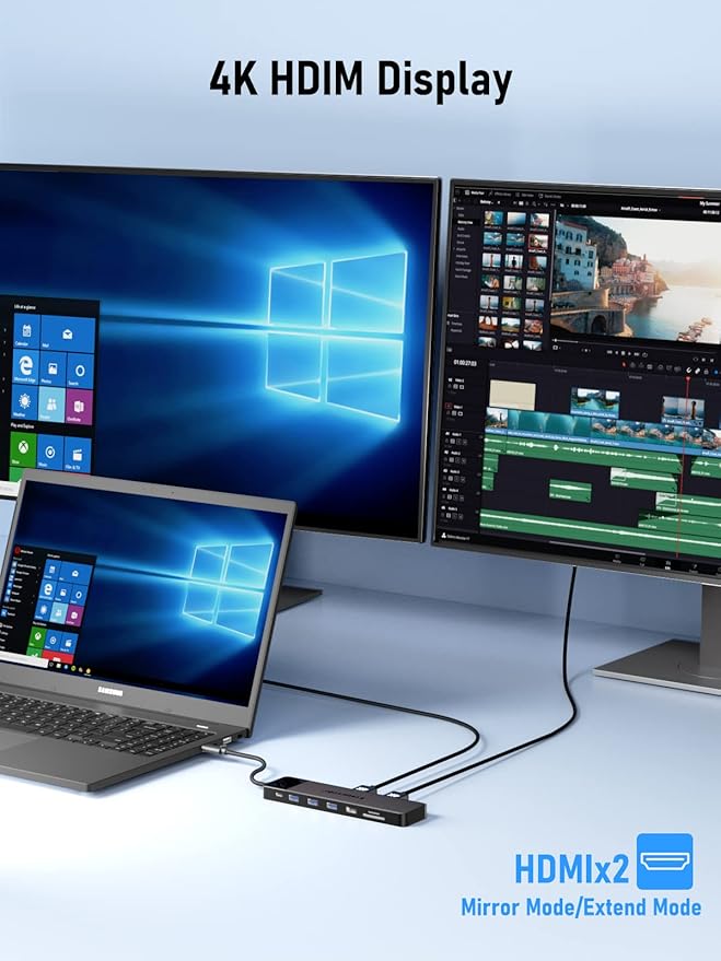 Multiple computer monitors and a laptop displaying Windows interface with HDMI connectivity.