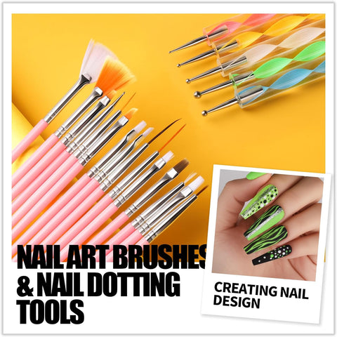 Nail art brushes and dotting tools with a close-up of green nail art on a yellow background.