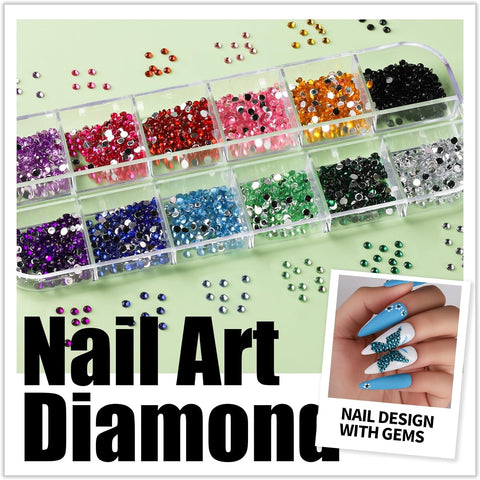 Nail art diamond gem set with colorful stones and a hand with blue and white nail design.