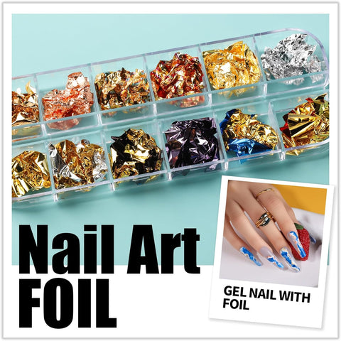 Nail art foil set with a display case and a photo of nails with foil design.