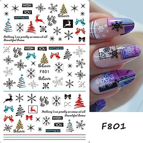 Nail art stickers with Christmas designs and a sample on nails.