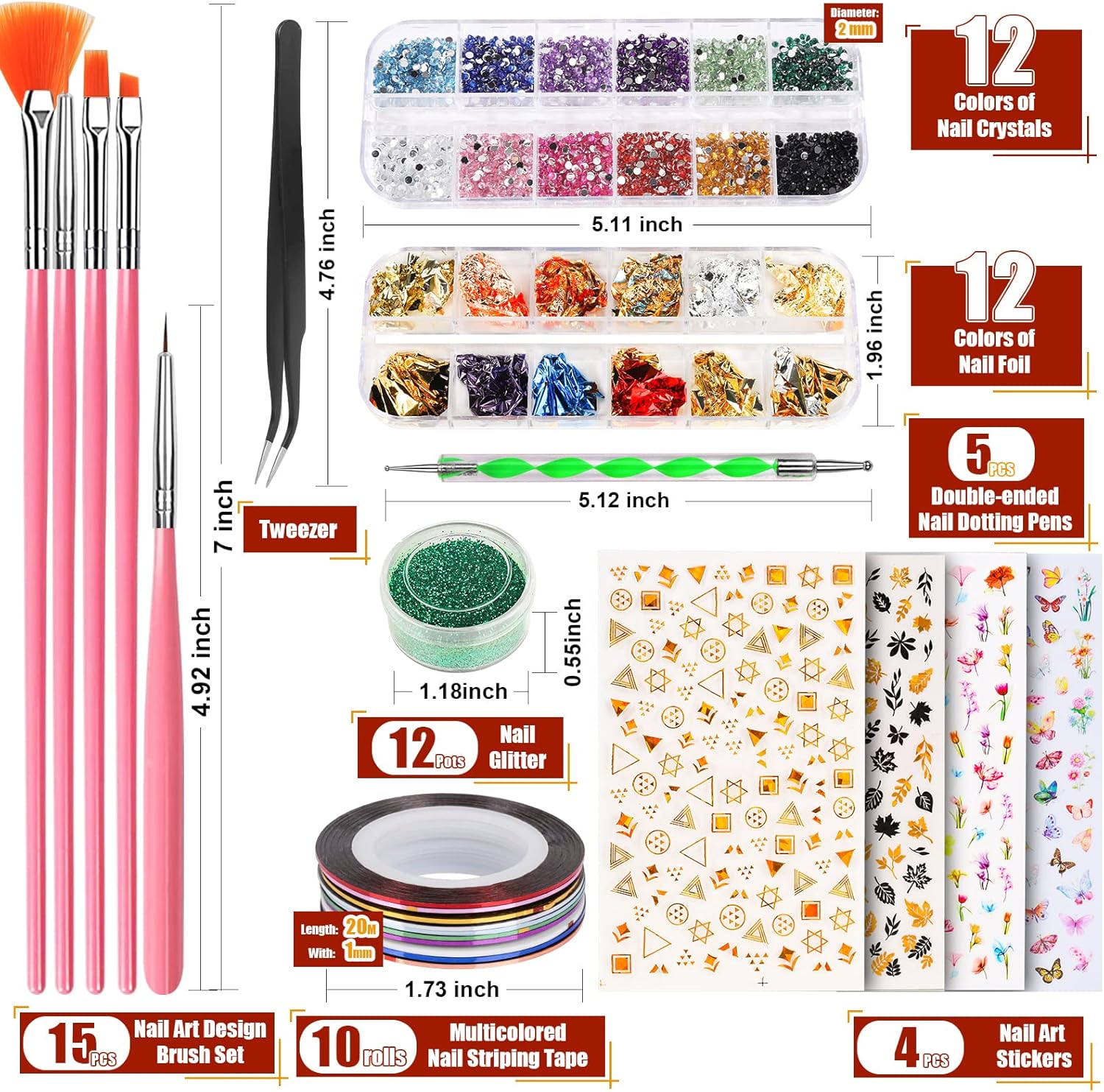 Nail art supplies including brushes, tweezers, and decorative items with measurements.