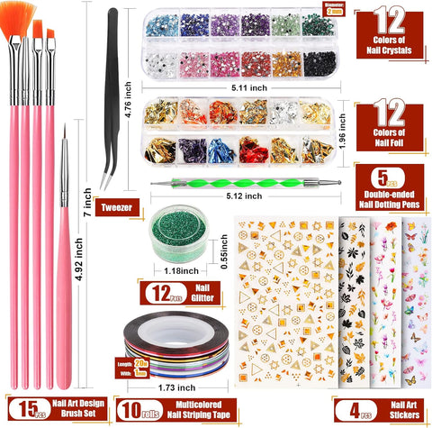 Nail art supplies including brushes, tweezers, and decorative items with measurements.