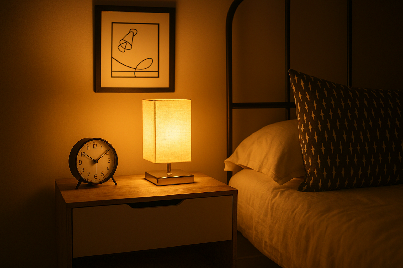 Napoleon Bedding set with a lamp, clock, and framed picture on a nightstand in a dimly lit room.