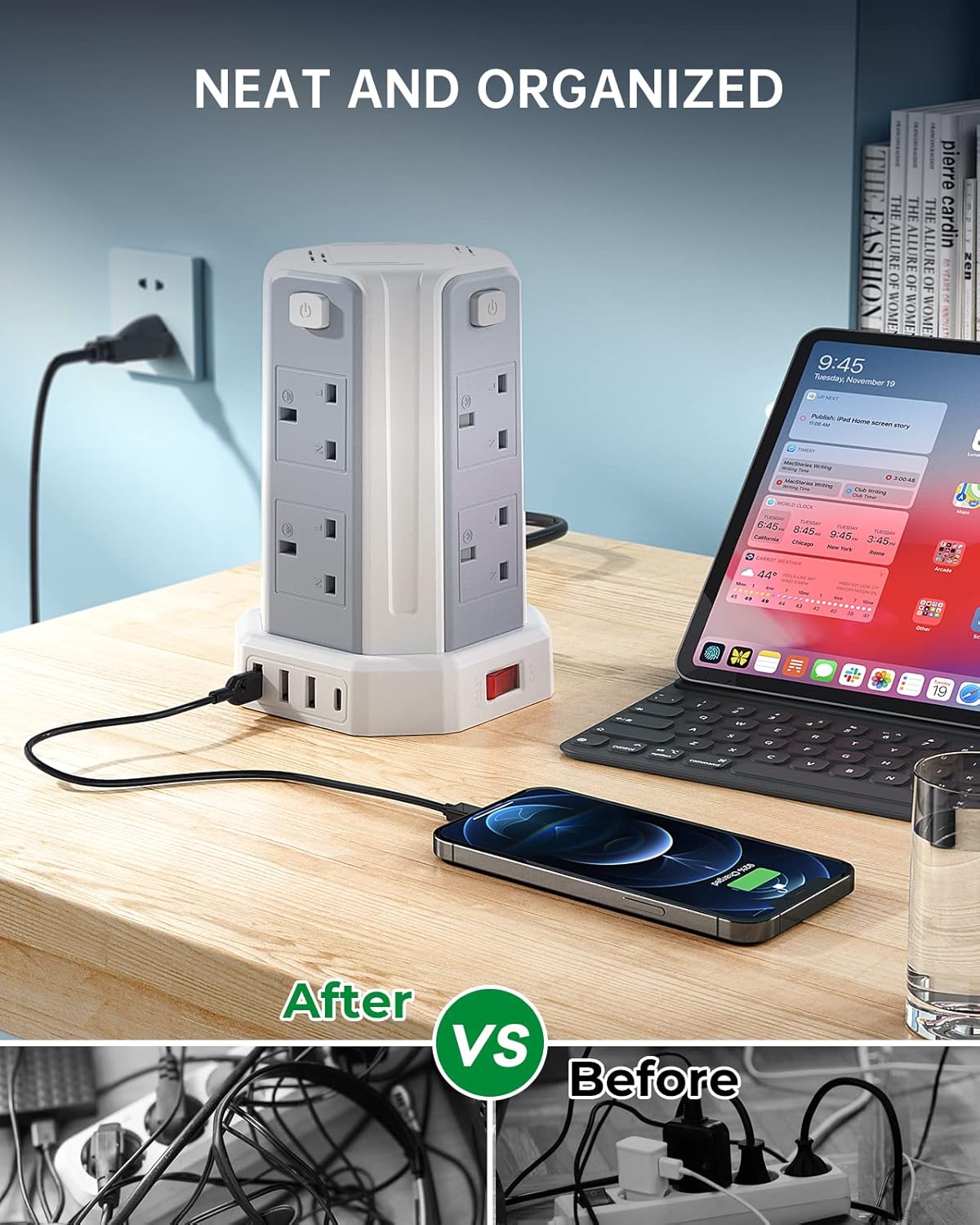 Neatly organized desk with power strip, tablet, and phone, before and after comparison.