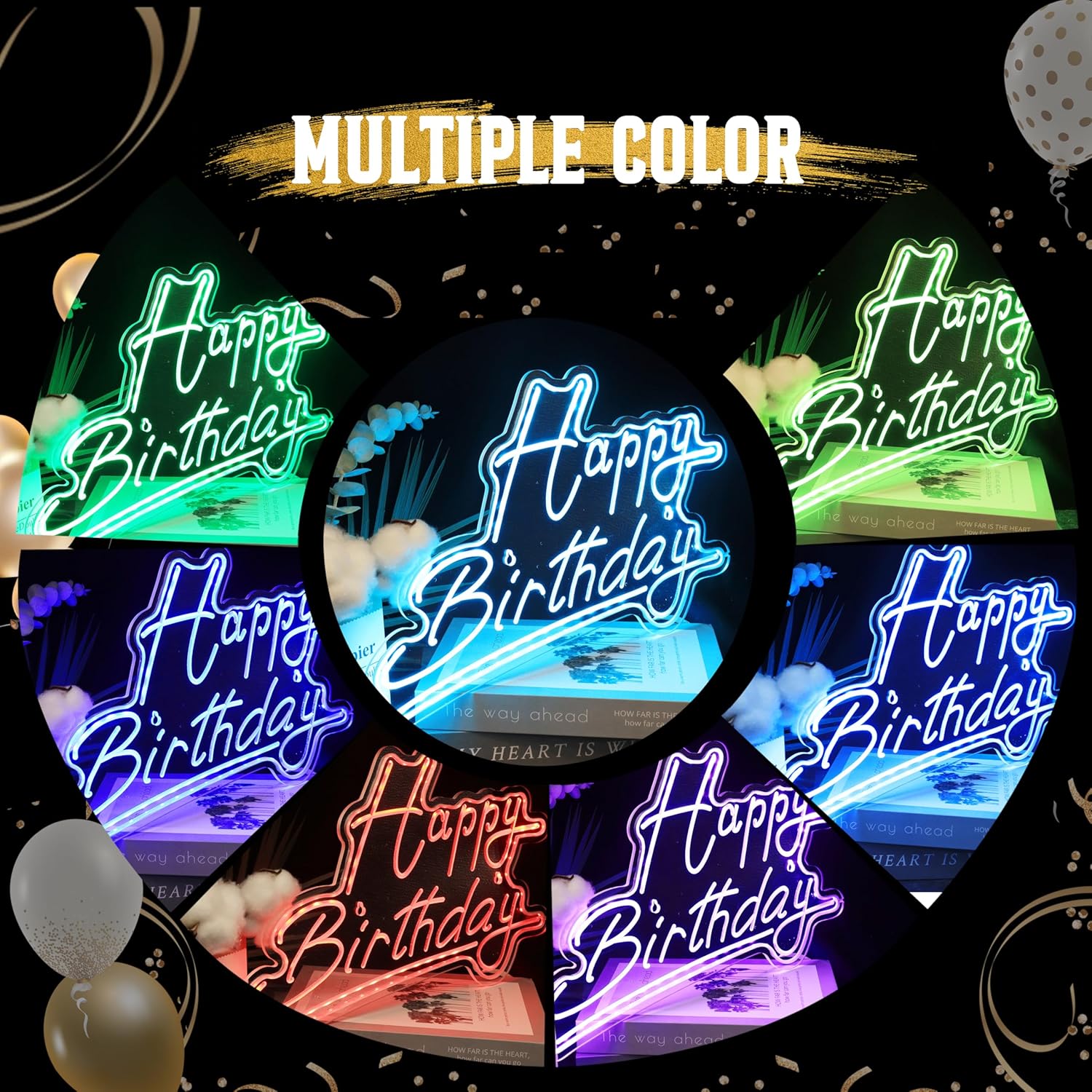 Neon-style 'Happy Birthday' signs in various colors on a black background with balloons.