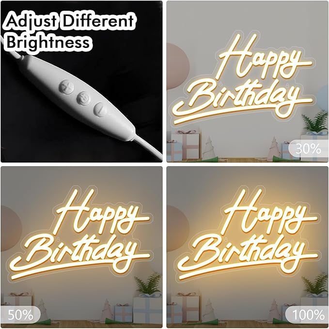 Neon 'Happy Birthday' sign with brightness adjustment controls and display.