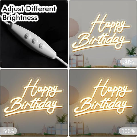 Neon 'Happy Birthday' sign with brightness adjustment controls and display.