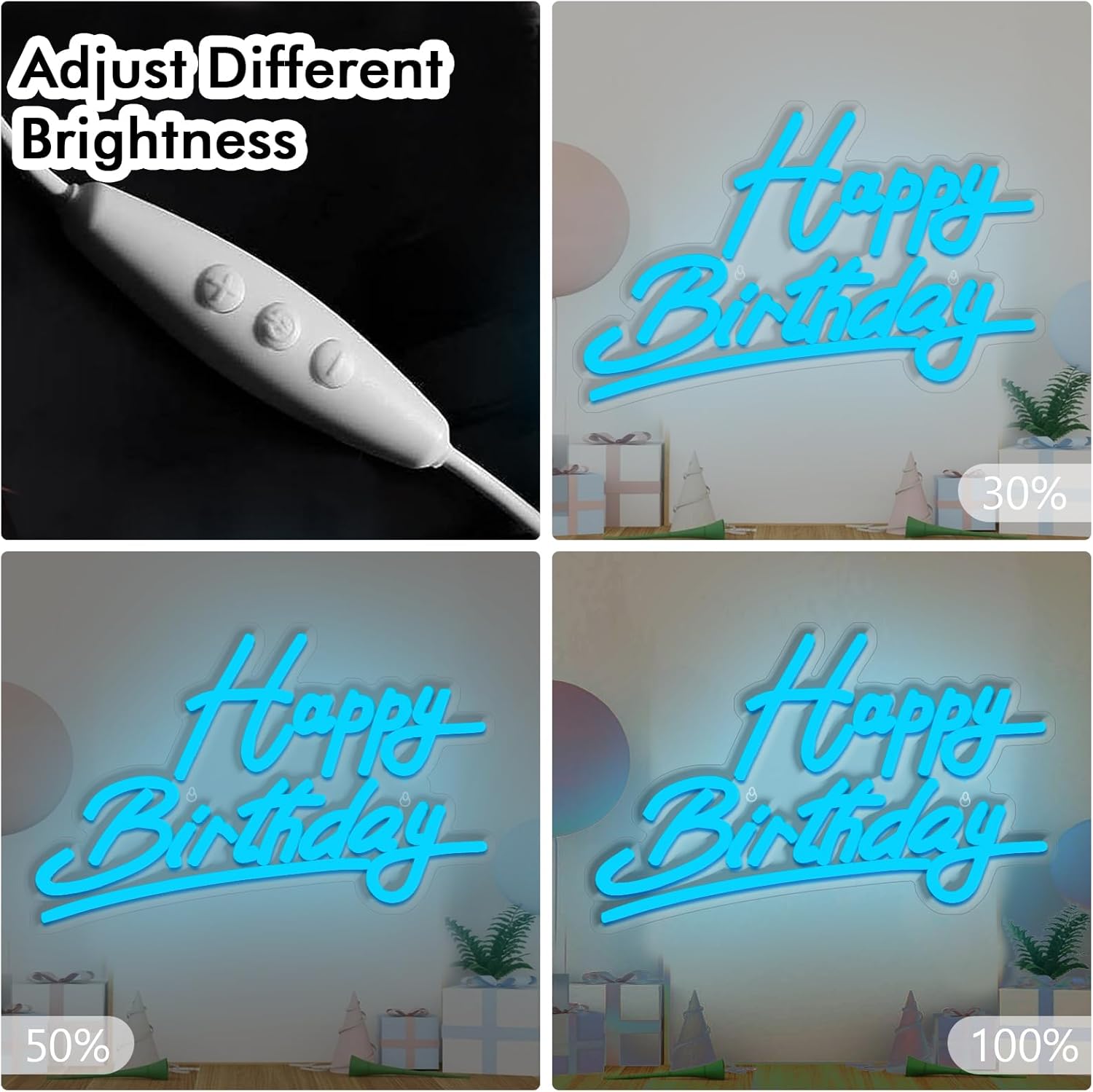 Neon 'Happy Birthday' sign with brightness adjustment percentages shown.