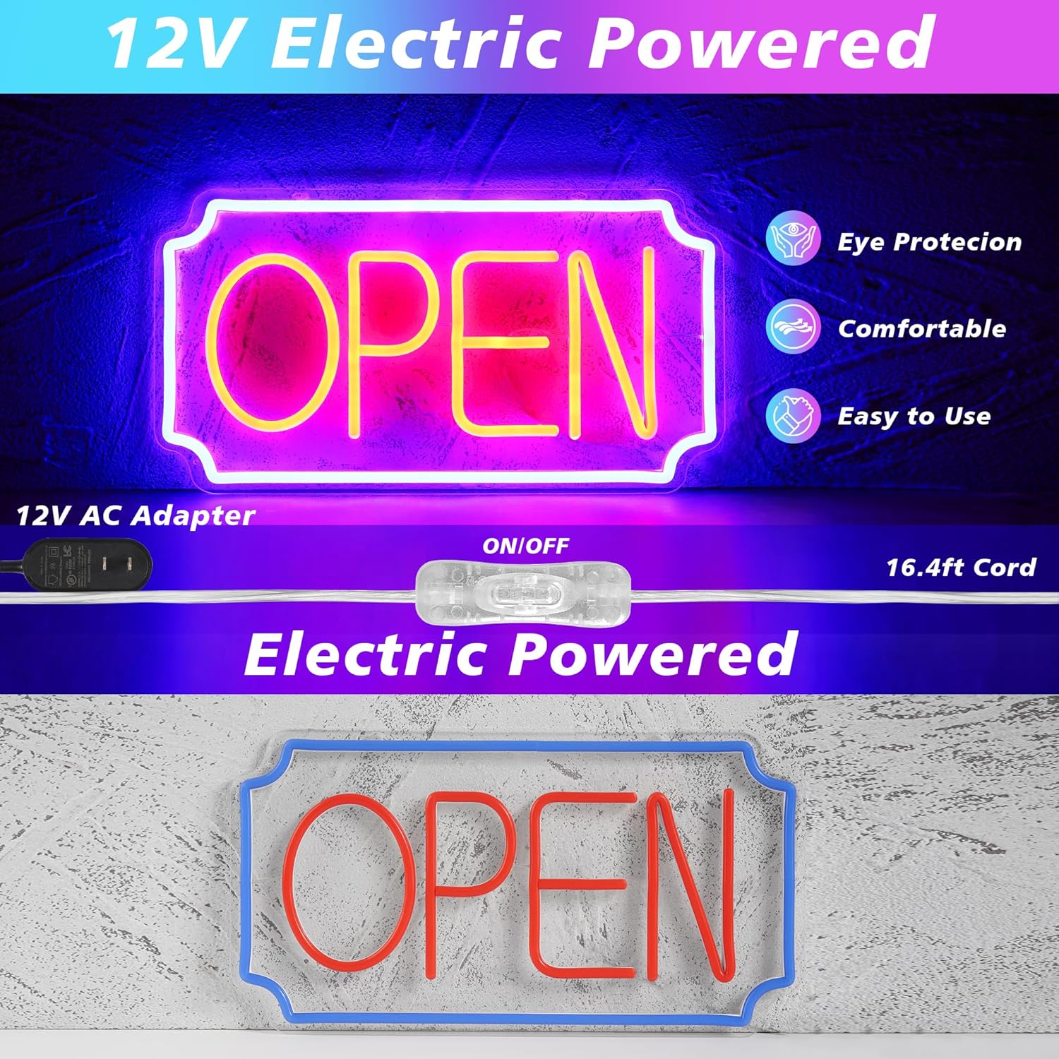 Neon 'OPEN' sign with 12V AC adapter and specifications on a blue and purple gradient background.