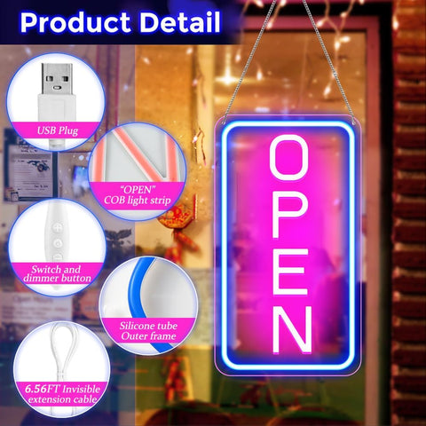 Neon 'OPEN' sign with USB plug, COB light strip, switch, and extension cable features.